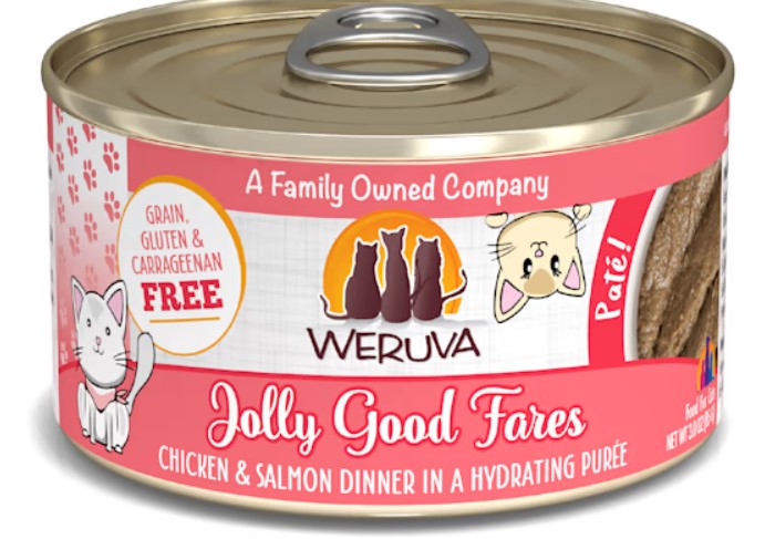 Weruva Cat Jolly Good Fares 3oz Pate Chicken And Salomn Dinner Puree.